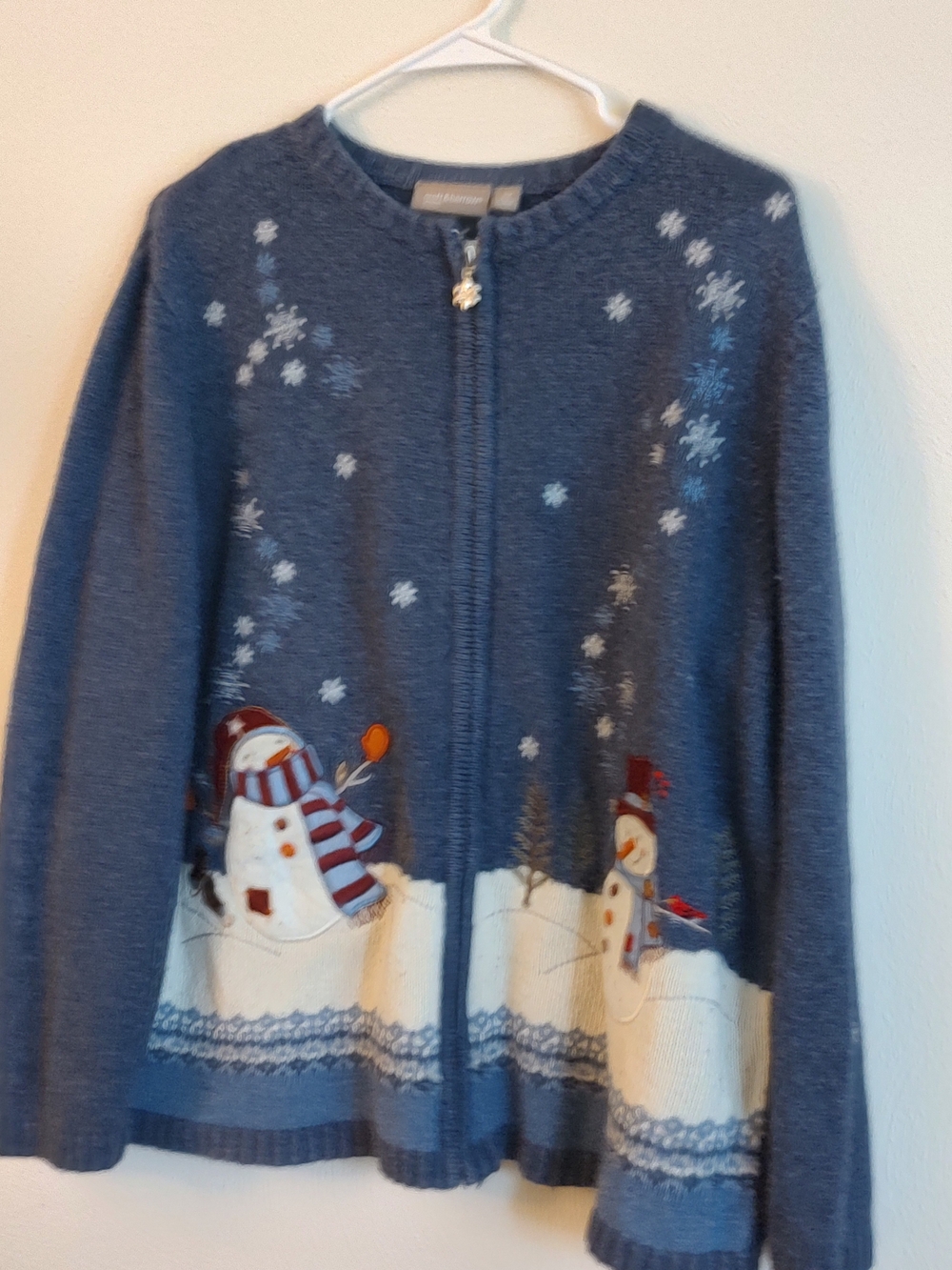 Vtg Croft & Barrow Snowman Ugly Christmas Sweater Cardigan Zip Blue Plus Size 2X